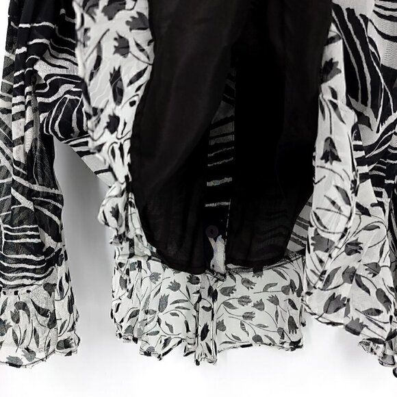 Phool Women's M B&W Floral V Neck Long Flare Sleeve Ruffled Contour Blouse - Picture 13 of 13